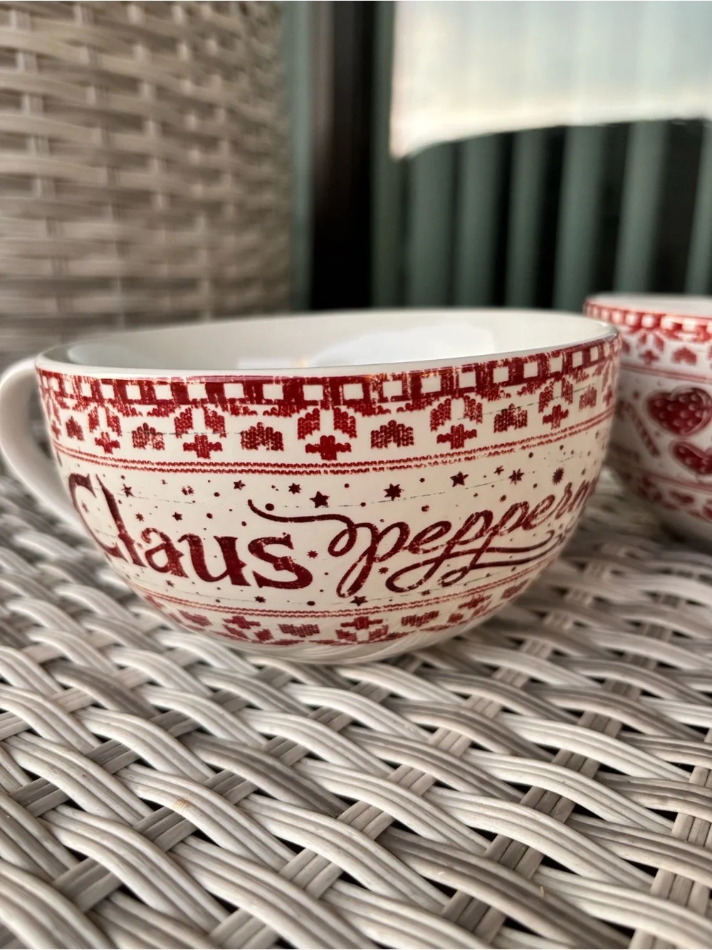 Pier 1 vintage Red and White 'Mrs. Claus' Holiday Ceramic Mugs set of 2